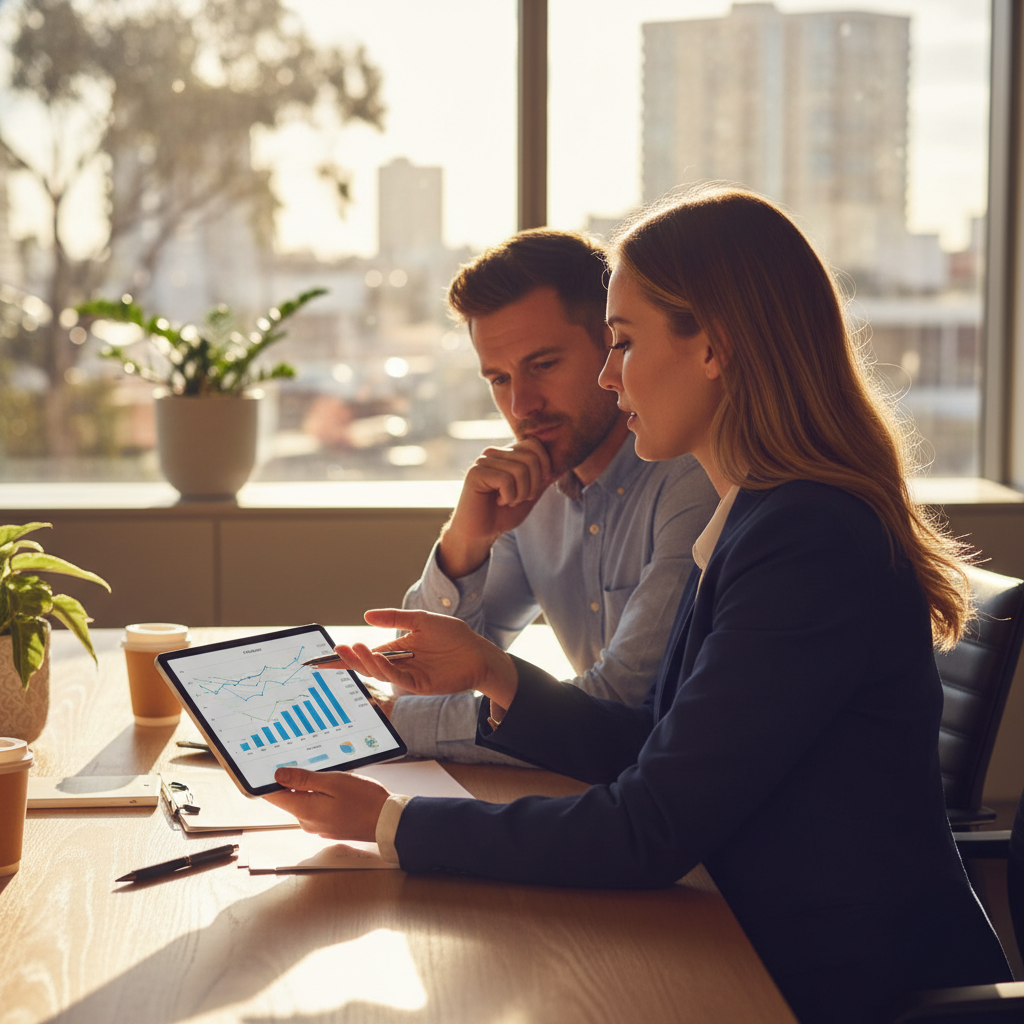 Advisor meeting with small business owner in Parramatta reviewing tablet charts to apply cash flow forecasting methods for payroll and BAS planning