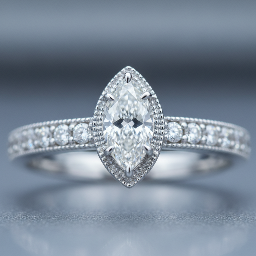 Macro view of a vintage-inspired unique engagement ring with milgrain detail, marquise center, and compass prongs