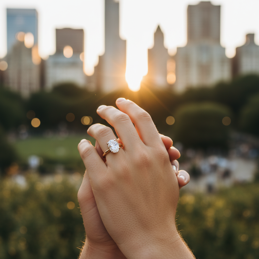 Side-angle scene of a couple’s hands with an east–west oval bezel-set engagement ring in a Midtown park, warm golden-hour light