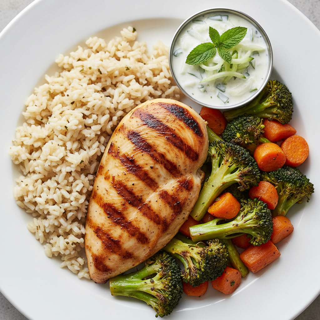 Balanced meal close-up with grilled chicken, brown rice, roasted vegetables, and raita for protein-focused balanced meals