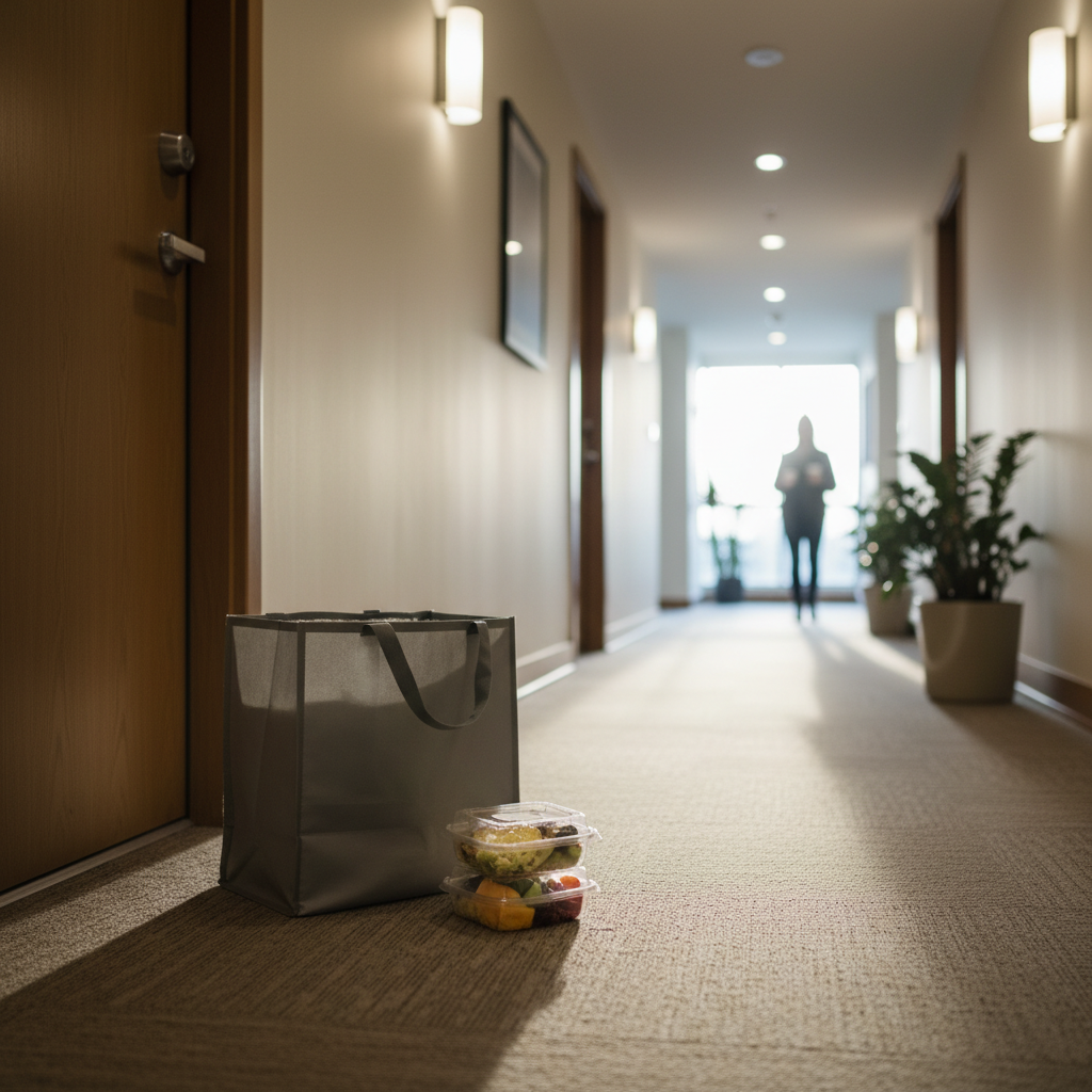 Early morning Etobicoke condo hallway with an insulated meal delivery bag and sealed containers showing BiteBox morning delivery convenience