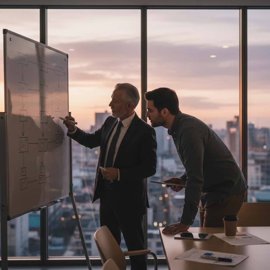 Advisor and entrepreneur planning incorporation and permit sequencing on a whiteboard for Canada operations
