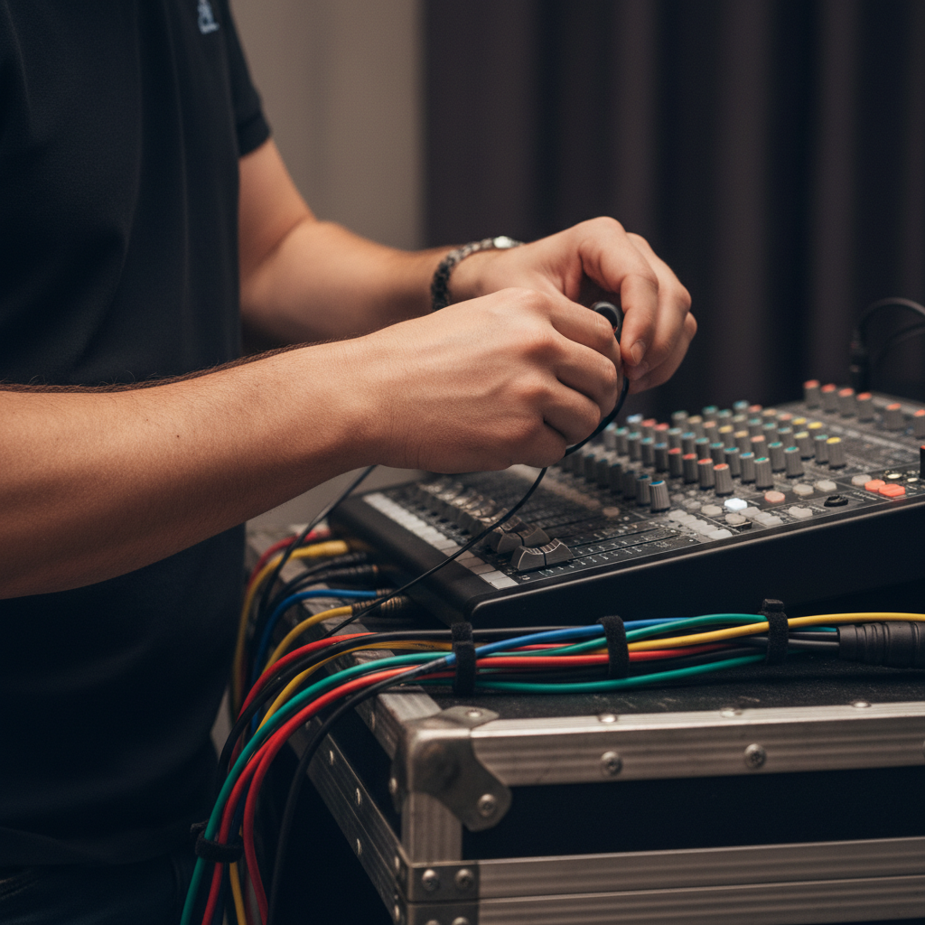 Close-up of event producer adjusting headset beside audio mixer for corporate event planning checklist