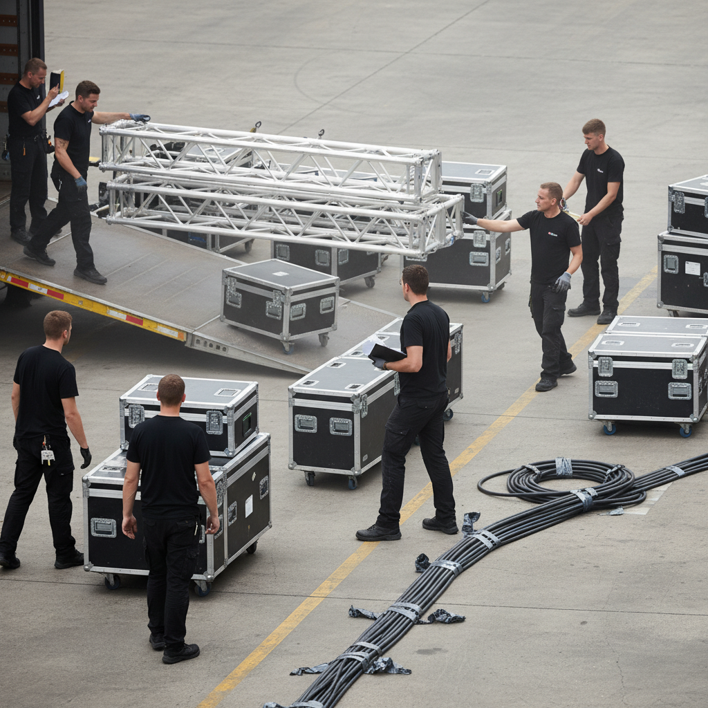 Logistics crew coordinating corporate event load-in with truss and flight cases in Greater London
