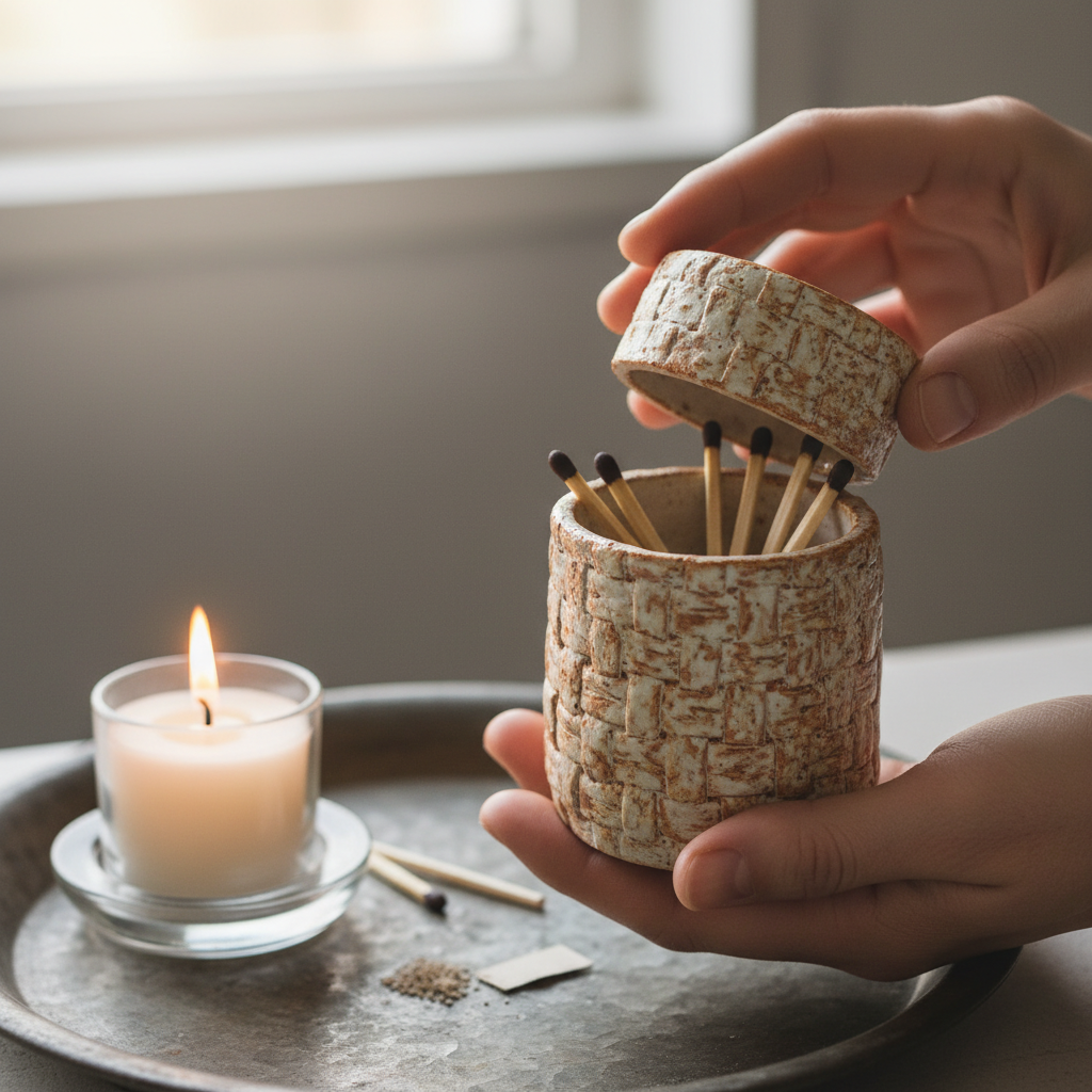 Close-up of The Artisan Nook custom ceramic matchbox near a lit clean-burning candle; personalized gifts for candle lovers accessory detail