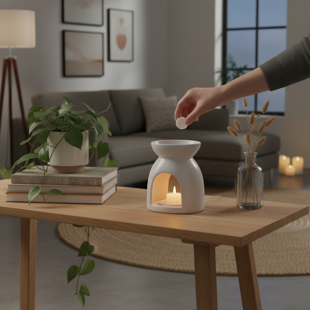 Wax melts placed into a ceramic warmer in a cozy living room; comparison of wax melts vs candles for personalized gifts