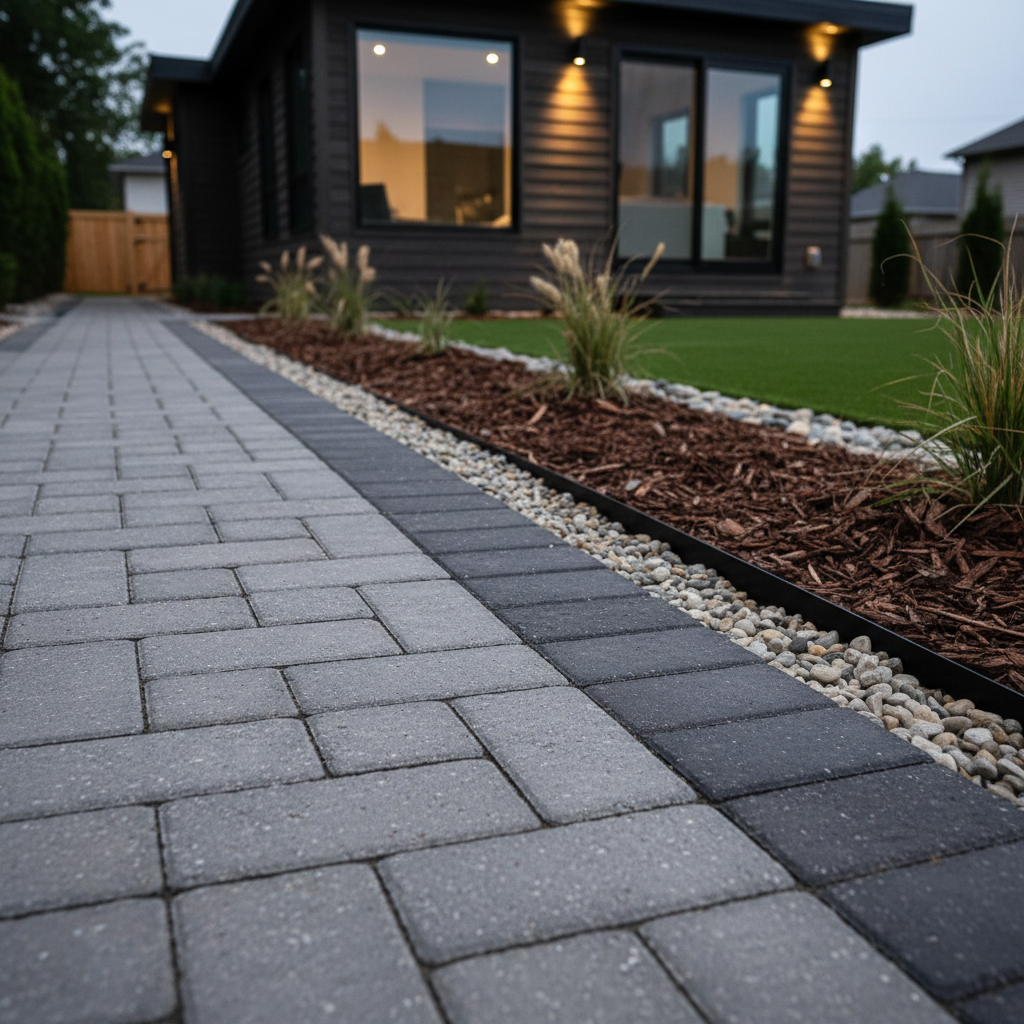 Close-up of interlocking paver walkway with clean edge restraint beside a modern garden suite in Mississauga