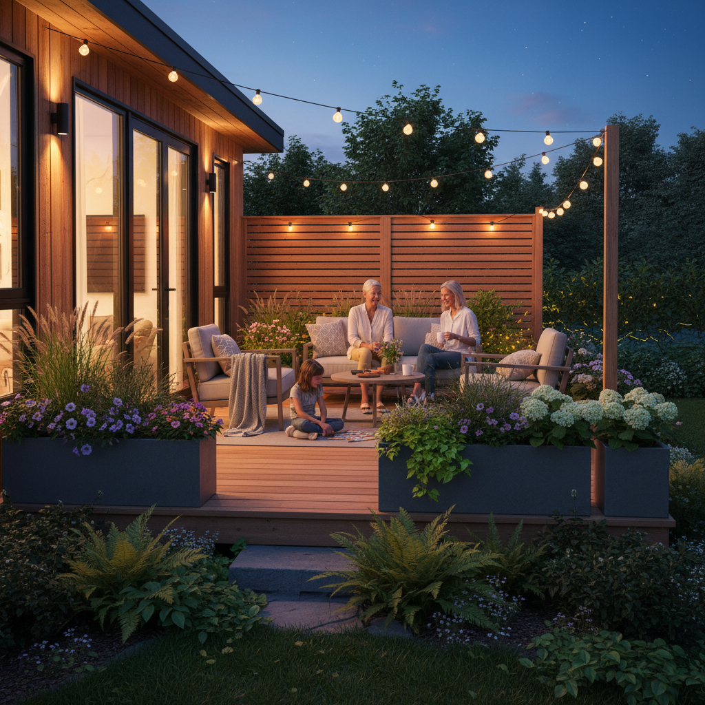 Evening side view of a family enjoying a backyard garden suite with a warm-lit deck, planters, and privacy fencing in Mississauga