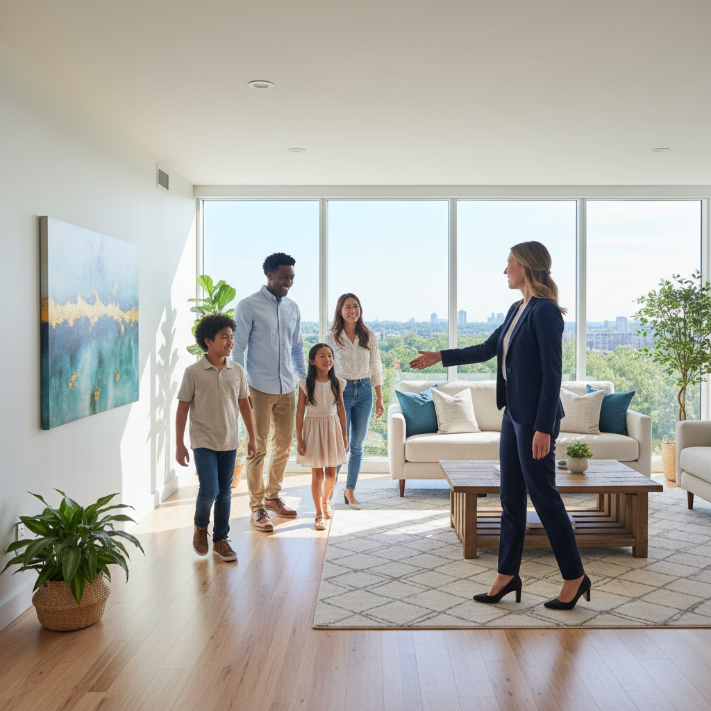 Real estate agent greeting a family in a bright home, representing MLS search turning into showings