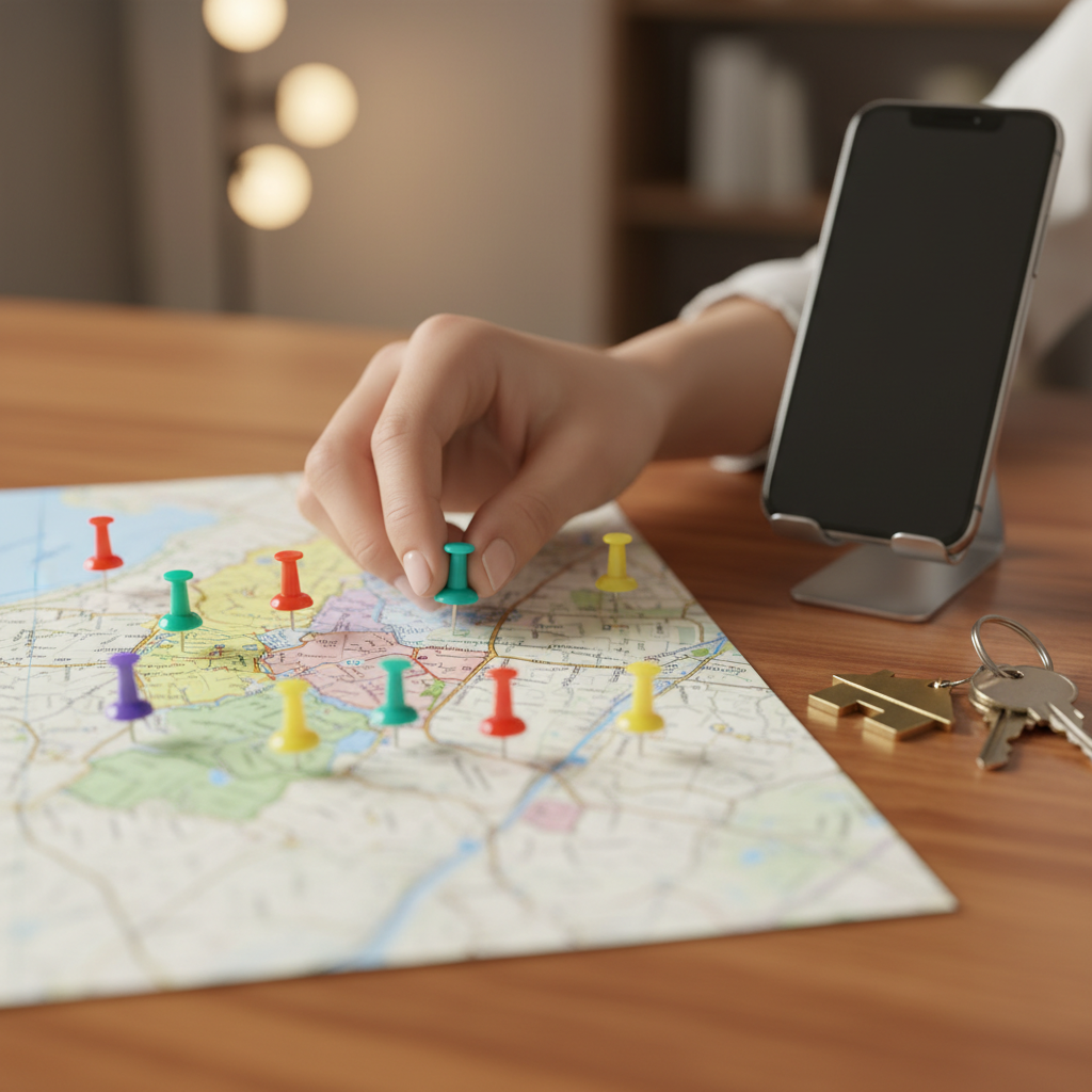 Close-up of a buyer planning an MLS home search with a neighborhood map, pushpins, and house keys