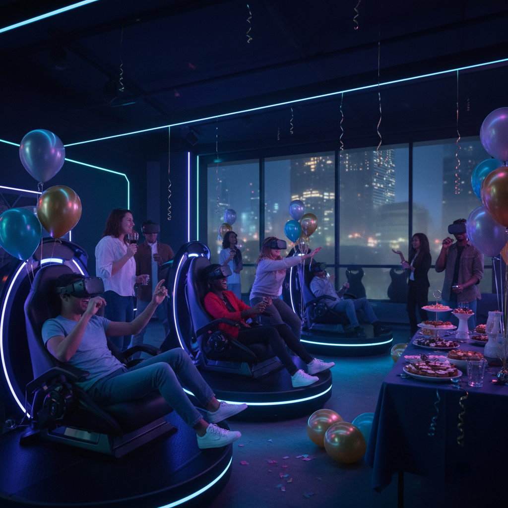 Guests rotating through VR gaming pods during a private party with lounge balloons and spectator screens in London Ontario