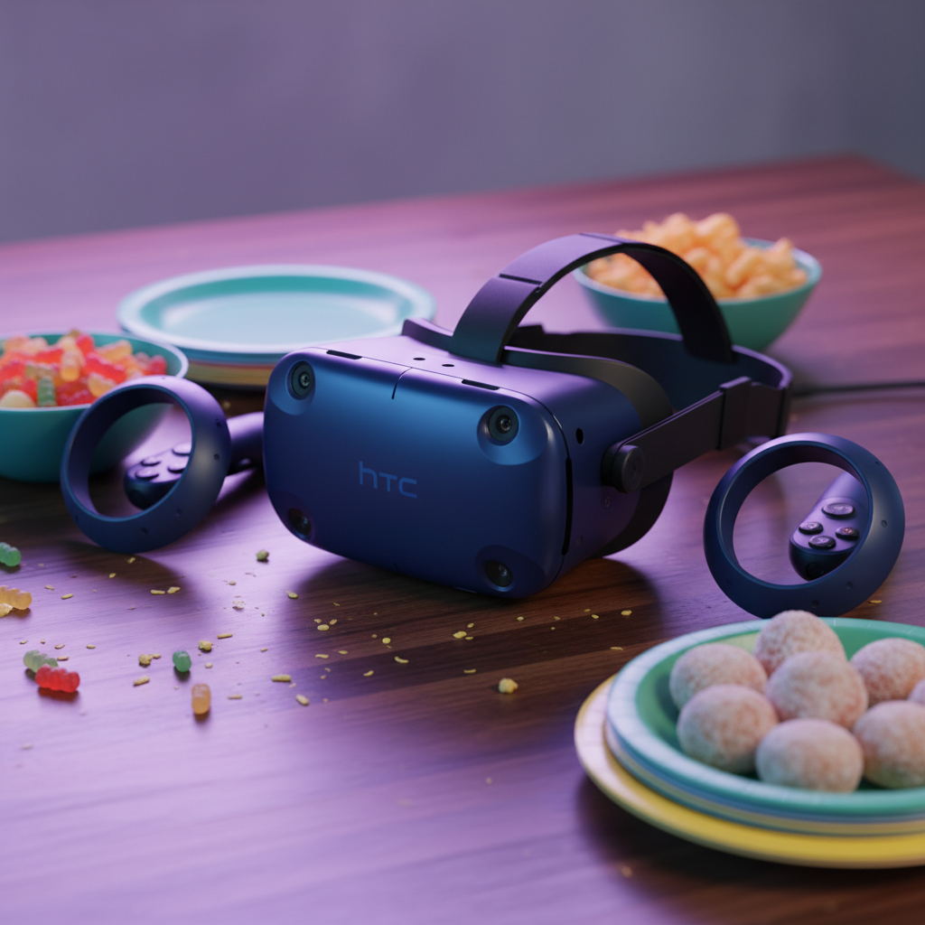 Close-up of HTC Vive Pro headset and motion controllers next to party snacks for private party room ideas at a VR arcade