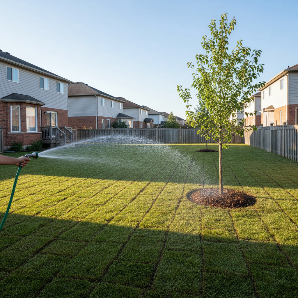 New sod installation being watered as part of a seasonal maintenance plan in the GTA