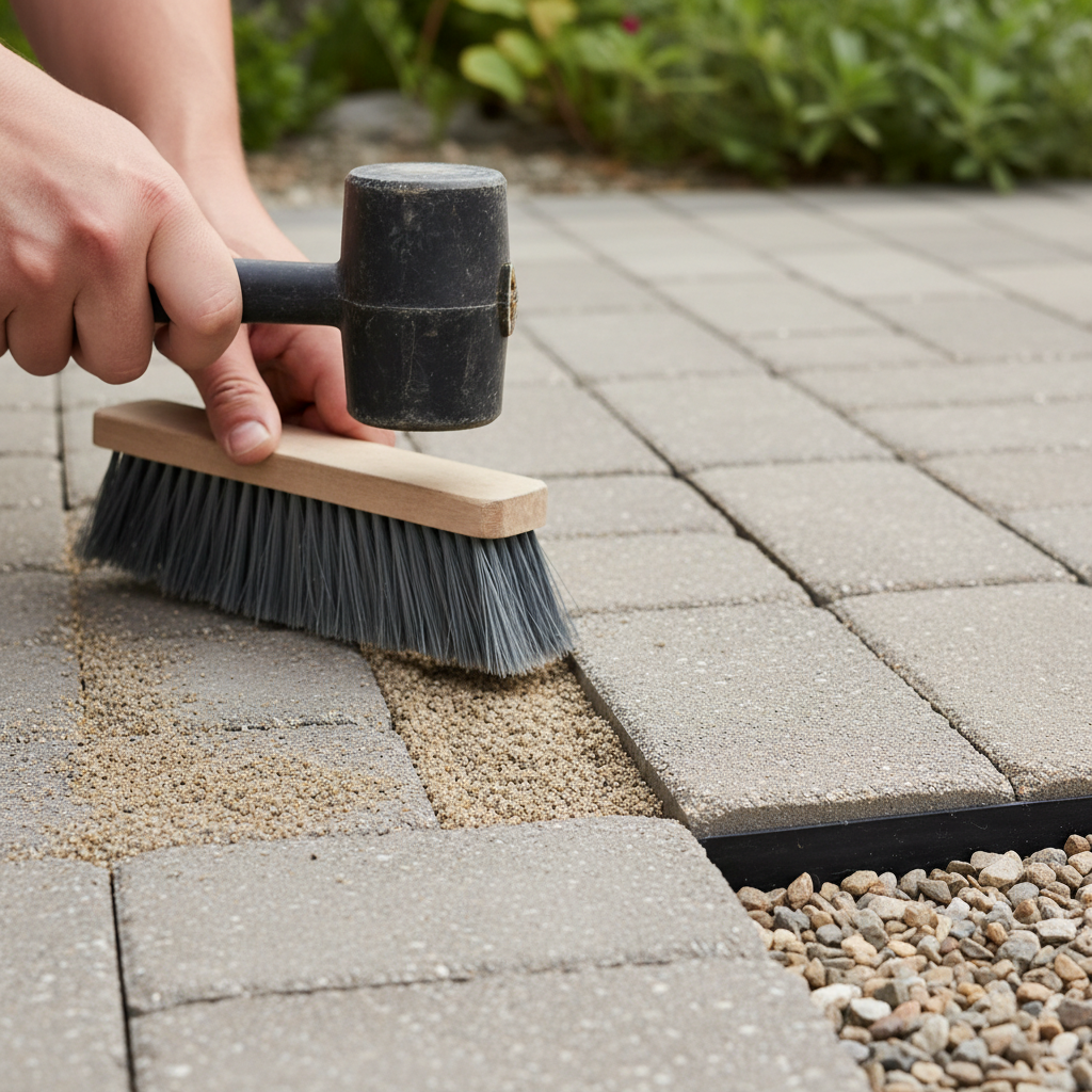 Detail of polymeric sand swept into interlocking paver joints for seasonal maintenance planning in Mississauga