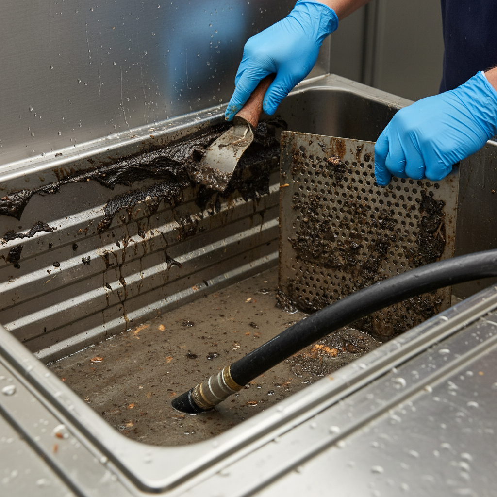 Detail of professional grease trap cleaning: baffle removal, scraping hardened grease, and pumping to prevent backups in Ontario kitchens