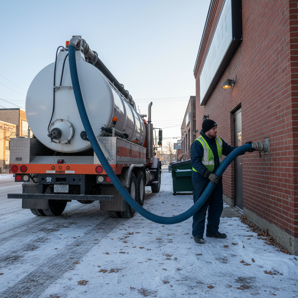 Vacuum hose connected at a restaurant service entrance in Ontario winter, technician managing grease interceptor pumping operations