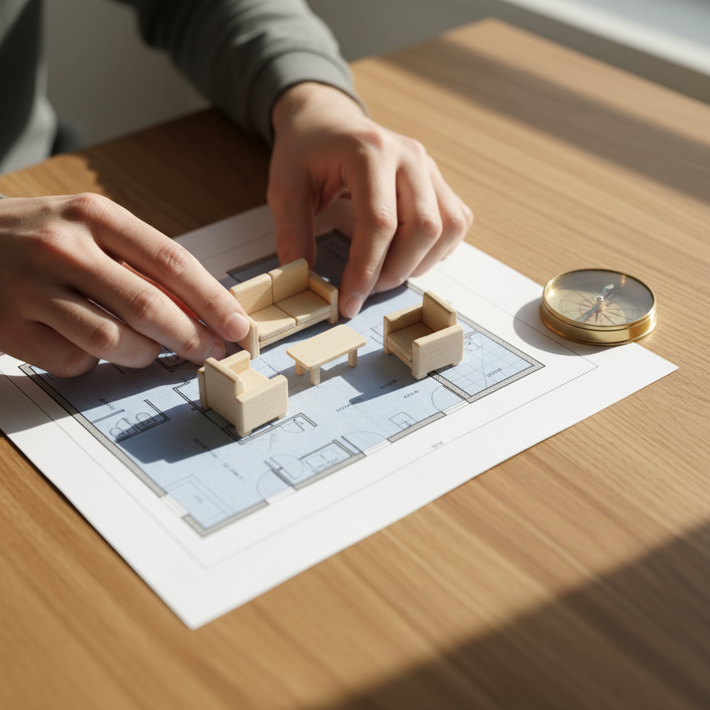 Vastu consultation for home layout close-up with floor plan and compass in natural daylight