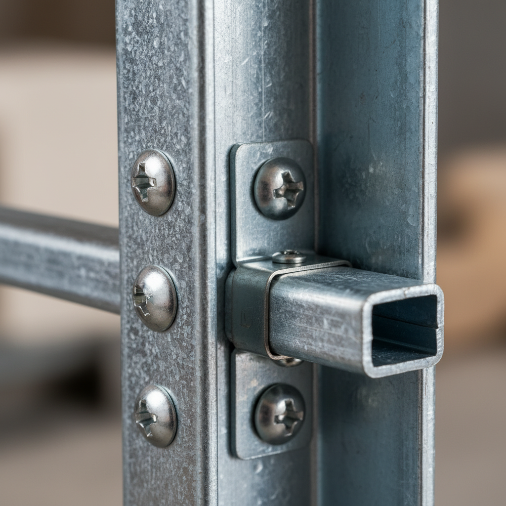 Close-up detail of heavy gauge steel stud in deep track with bridging channel and clip—metal framing best practices