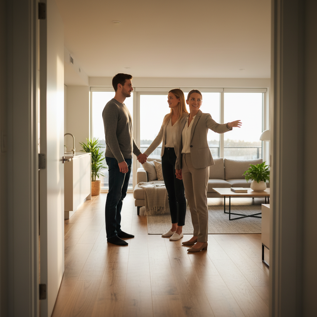 Realtor guiding buyers through a Brampton living room to illustrate pricing strategy and showing flow