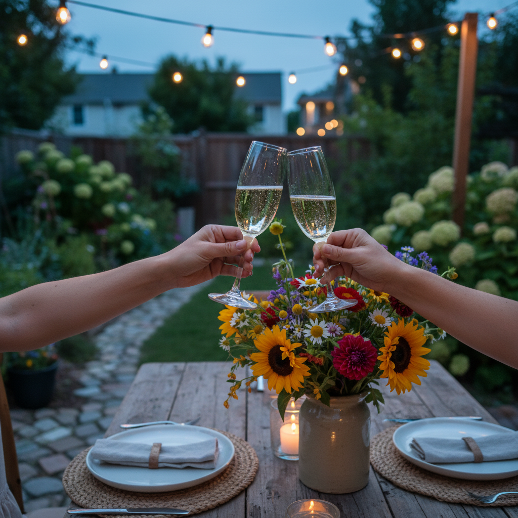 Backyard garden anniversary dinner under string lights with toast, intimate private celebration setup