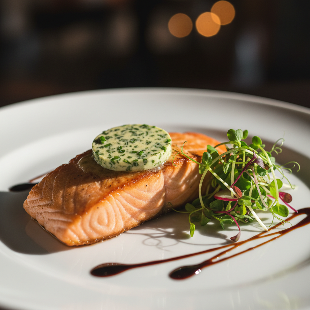 Close-up gourmet anniversary dinner plate with seared salmon and vegetarian paneer tikka option, styled for private celebration menu