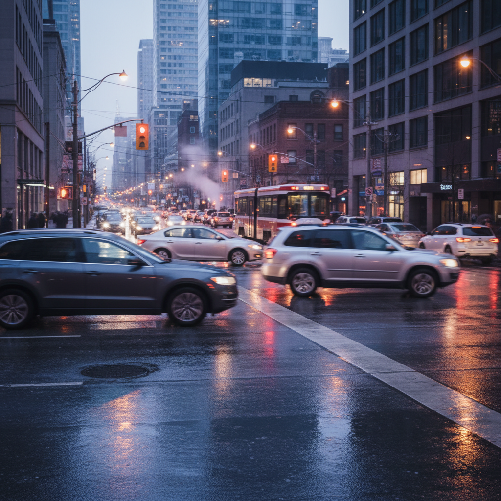 Toronto traffic scene at dusk with wet pavement and headlights, illustrating urban driving conditions for auto insurance decisions