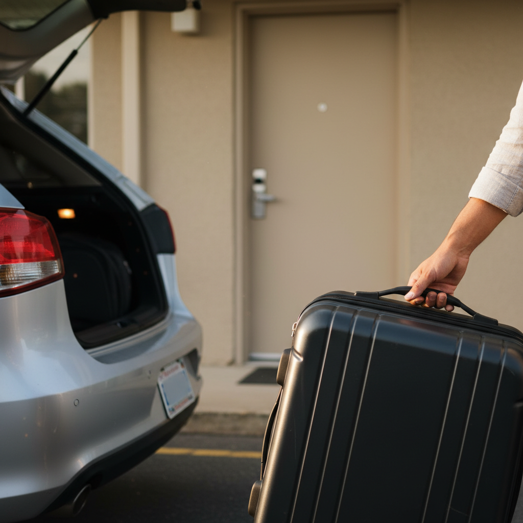 Close-up of unloading luggage beside a motel room door, illustrating parking adjacent rooms convenience in North Conway