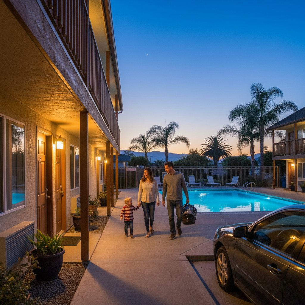Family walking from car to exterior-entry motel room near a glowing outdoor pool, illustrating door-front parking and easy access