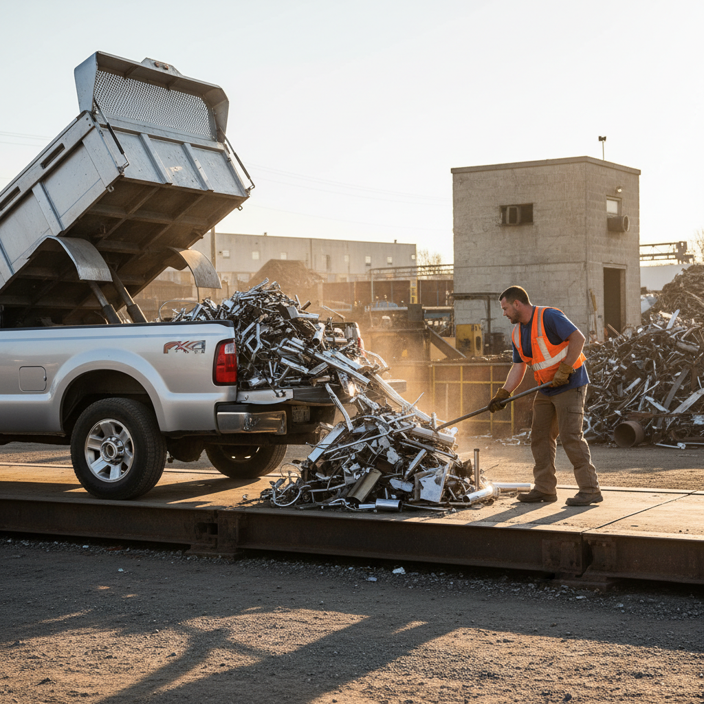 Pickup unloading sorted stainless scrap at a scale platform in a modern scrap yard in Toronto