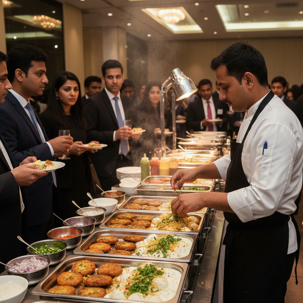 Live chaat station for corporate catering in Brampton with aloo tikki chaat and dahi bhalla assembled to order for an office event