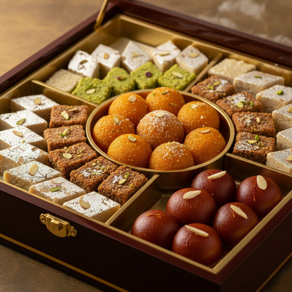 Close-up mithai gift box for corporate catering in Brampton featuring desi ghee barfi, kalakand, ladoo, and gulab jamun in premium presentation