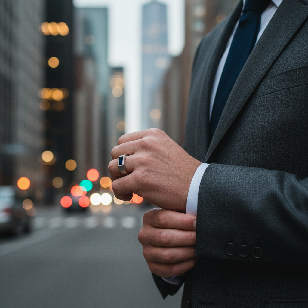 Lifestyle scene in Manhattan showing a man wearing a modern signet-style men’s engagement ring while adjusting a suit cuff, illustrating urban wearability
