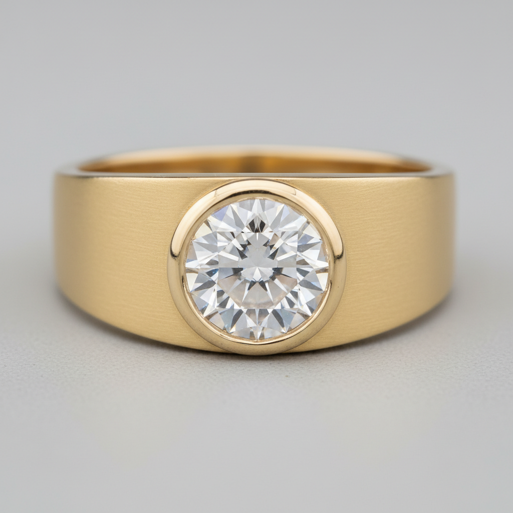 Close-up of a men’s bezel-set lab-grown diamond engagement ring with brushed 14k yellow gold finish, showing 2026 men’s engagement ring trends details
