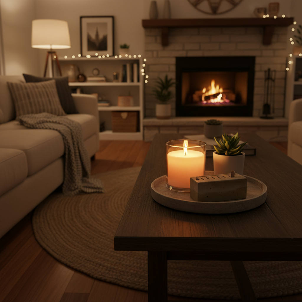 Cozy living room scene with clean-burning candle, ceramic matchbox, and plant for home fragrance ambiance