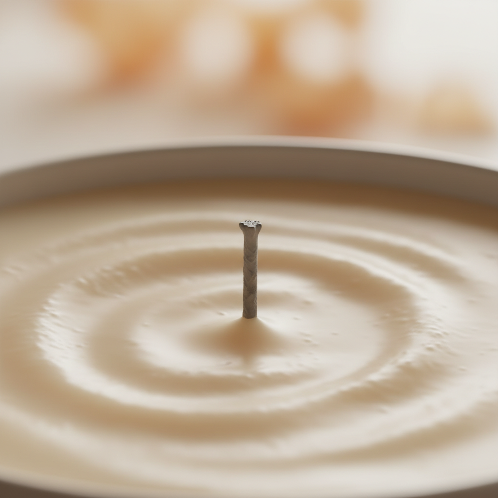 Macro view of soy coconut apricot wax surface and trimmed cotton wick for clean-burning candles