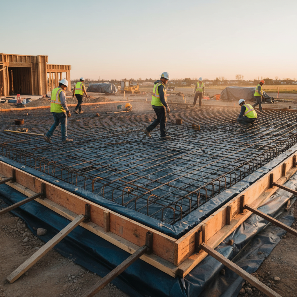 Side-angle view of a prepared slab with rebar grid, forms, and vapor barrier ready for concrete placement after calculator planning