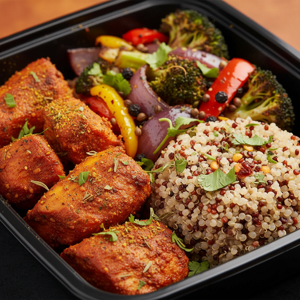 High-protein Indian-inspired meal prep close-up: tandoori chicken with roasted vegetables and quinoa in a reusable container, healthy meal delivery Toronto