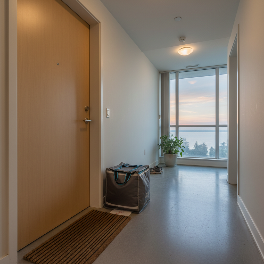 Early morning condo meal delivery in Etobicoke with insulated bag at doorstep, illustrating BiteBox morning delivery window for Toronto meal prep