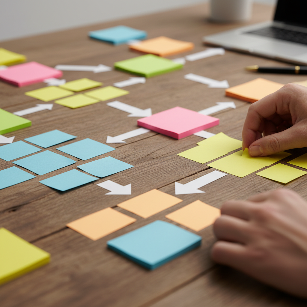 Close-up of entity and topic cluster planning for Perplexity SEO optimization using sticky notes and arrows