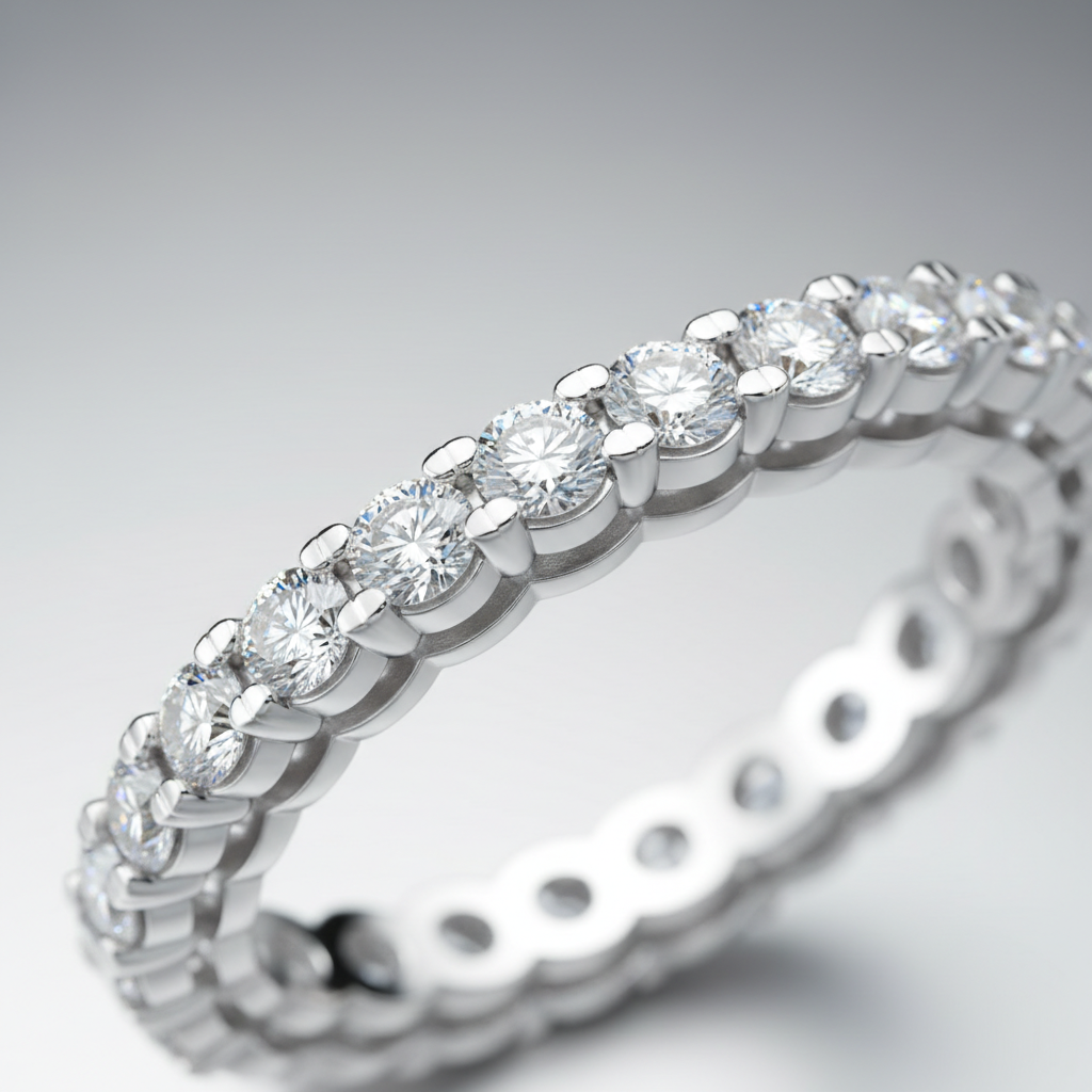 Macro close-up of a women’s wedding band style: micro-pavé lab-grown diamond eternity ring in 14k white gold