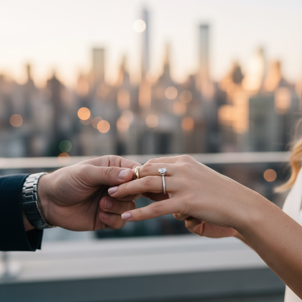 Lifestyle photo: stacking a women’s wedding band with an engagement ring in Manhattan city light