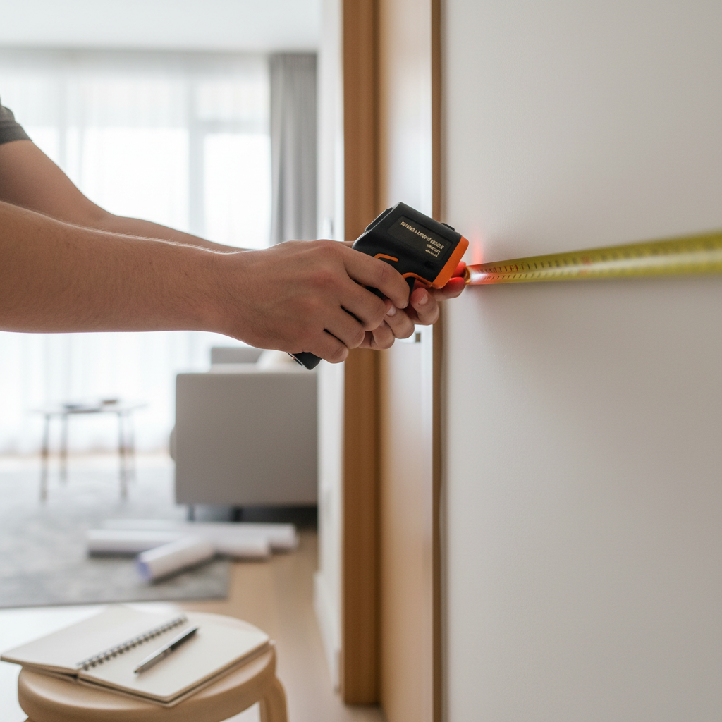 Close-up of laser distance meter and tape measure used to create accurate 2D floorplans for a Metro Vancouver condo