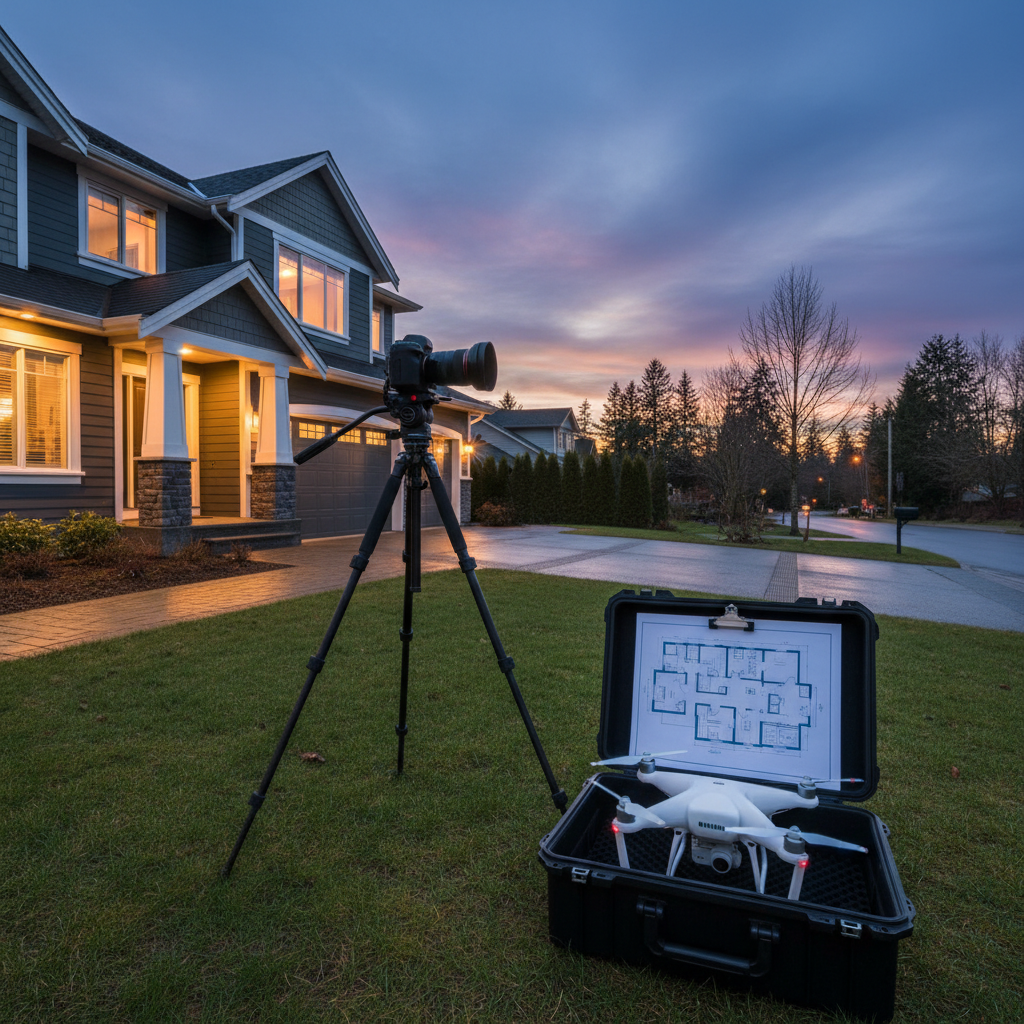 Real estate media setup in Maple Ridge with camera, drone, and printed 2D floor plan at dusk