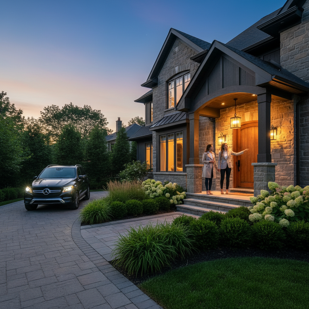 Real estate agent touring an upscale Oakville home with clients at dusk, reflecting the guided process in our Oakville luxury home buying guide