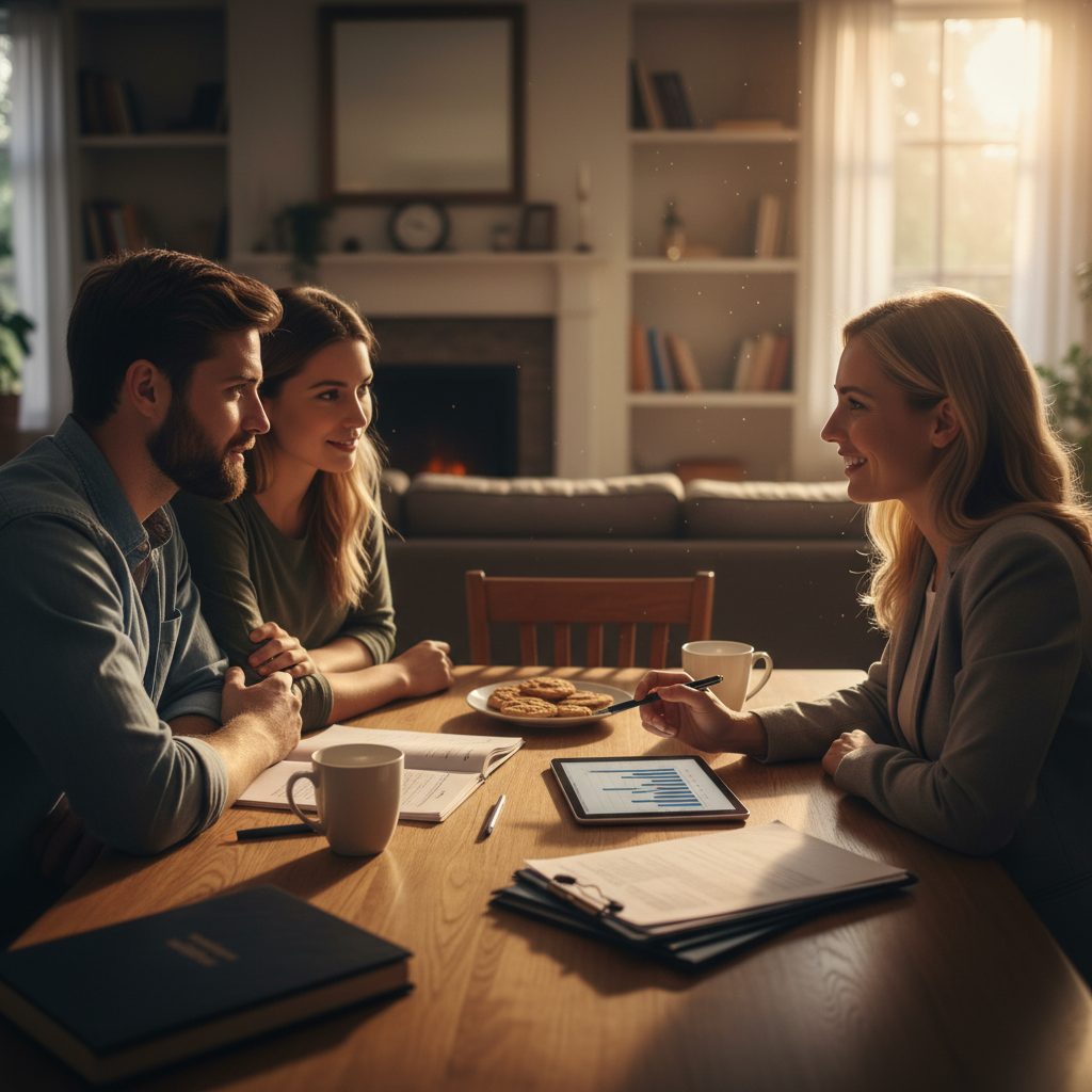 Mortgage broker discussing loan options with clients at a kitchen table, reviewing how to compare mortgage rates and home loans
