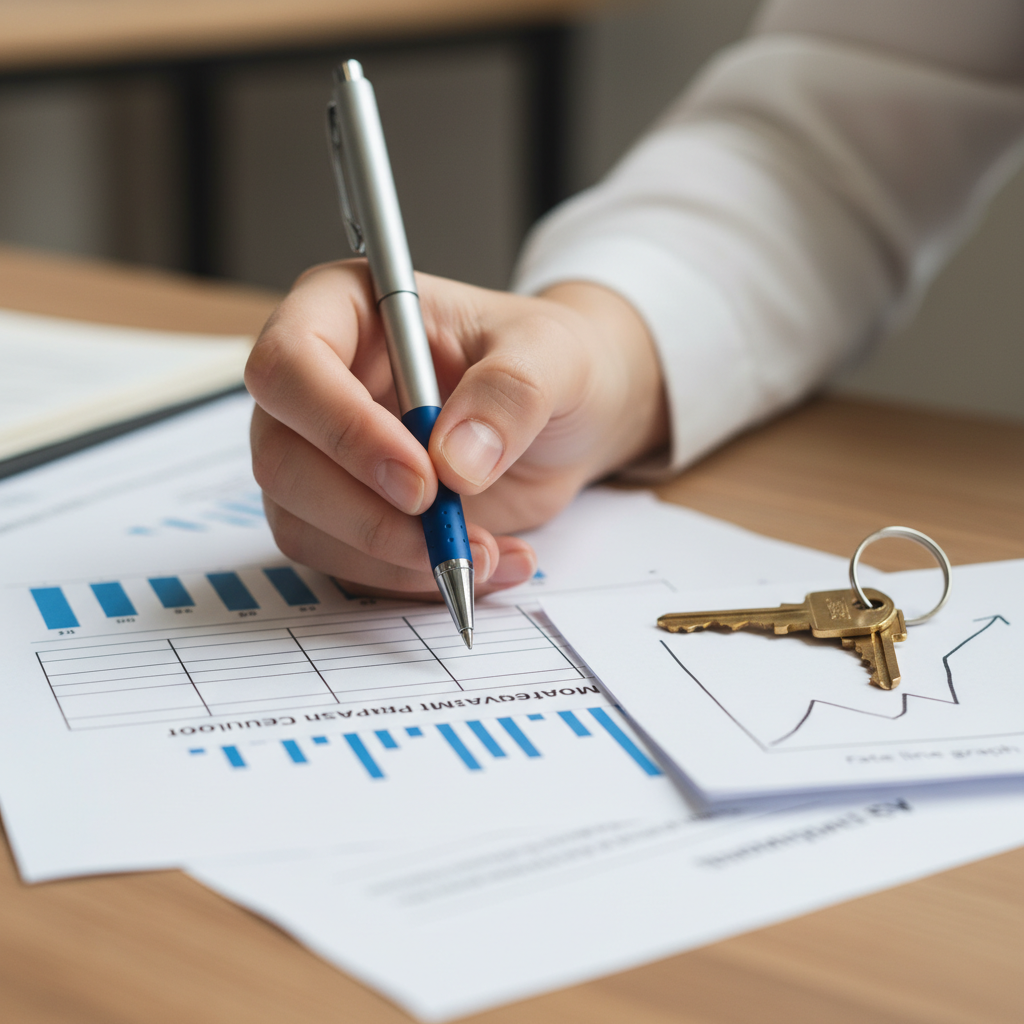 Close-up of mortgage repayment calculator with keys and rate graph used to compare mortgage rates and home loans