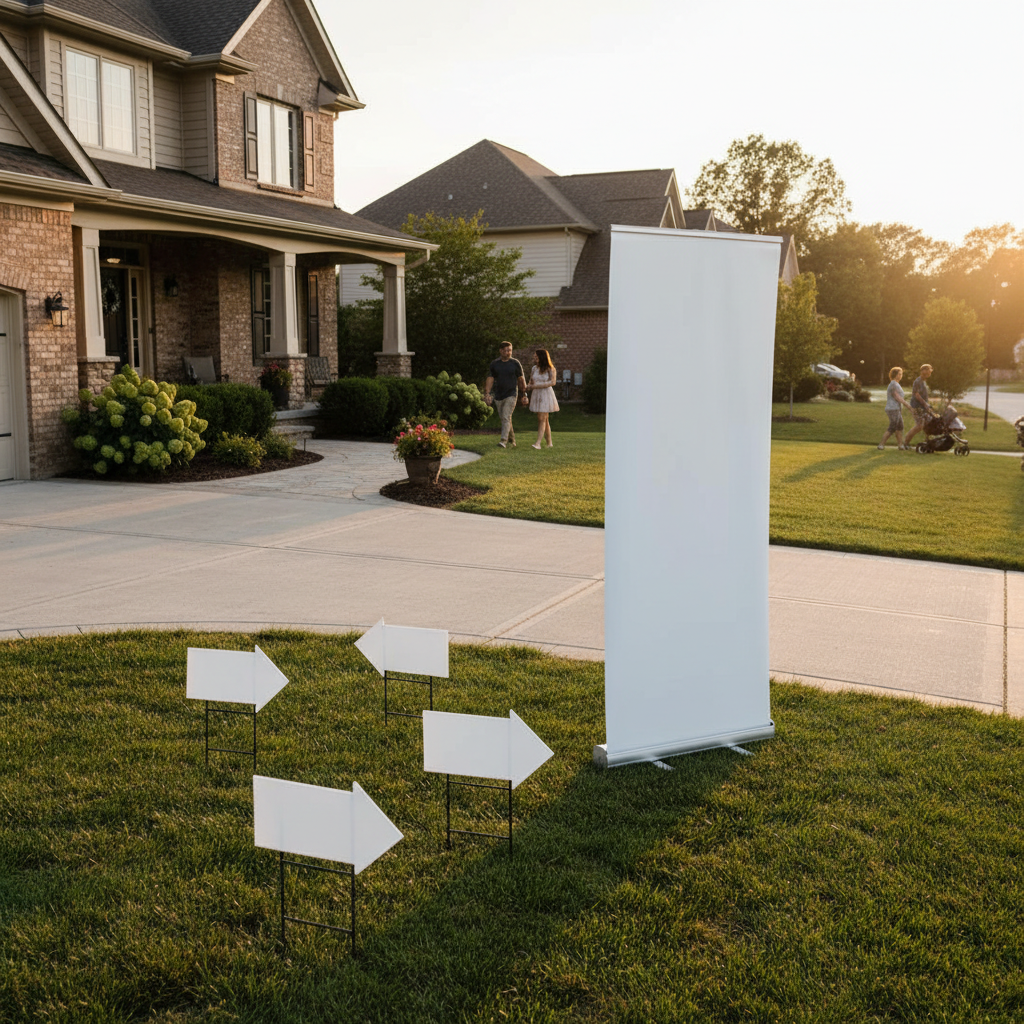 Open house scene in suburban Mississauga with directional yard signs and roll-up banner from a realtor package