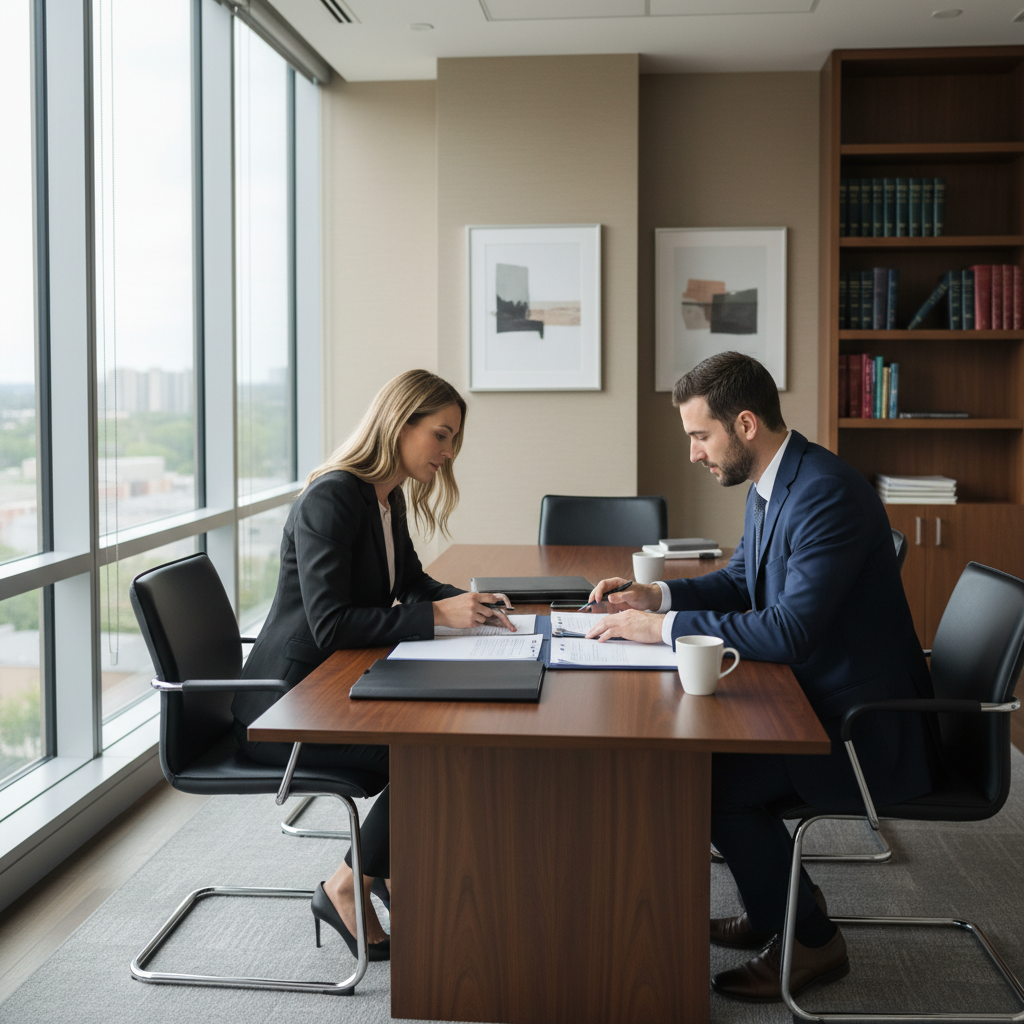 Lawyer meeting a tenant in an Etobicoke office to prepare Landlord and Tenant Board documents and strategy