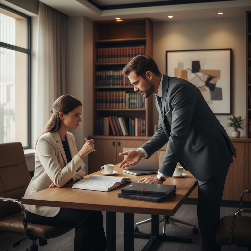 Lawyer reviewing Ontario traffic ticket defense file with client in office