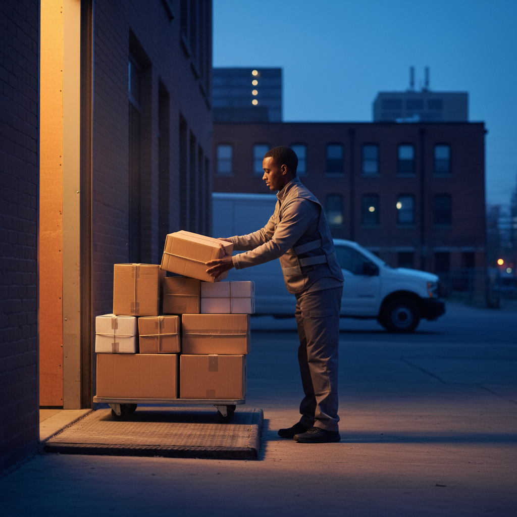 Courier picking up neatly stacked fragrance parcels at warehouse doorway for quick perfume delivery